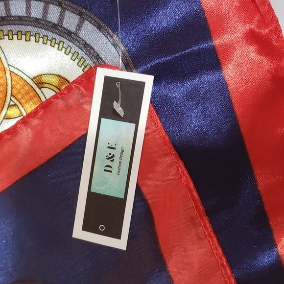 1632- Women’s Square Scarf Red Navy Gold Print 100% Polyester 35”x35” NWT - Picture 6 of 7